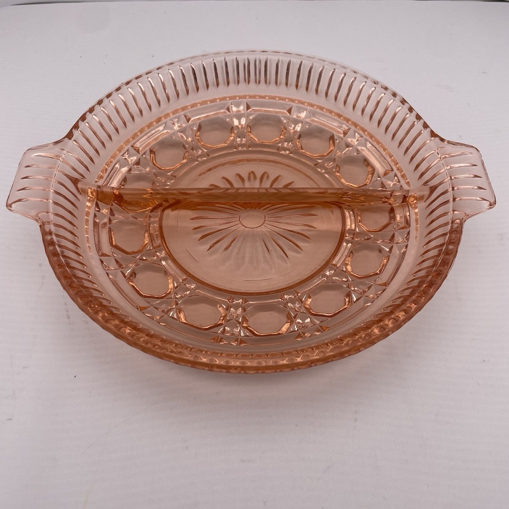 Federal Glass Windsor Pink Divided Relish Dish Button & Cane Designs 7¼" Depress - Picture 2 of 3